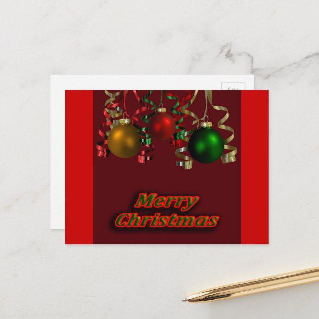 Christmas Bulbs and Ribbons Postcard (Front/Back In Situ)