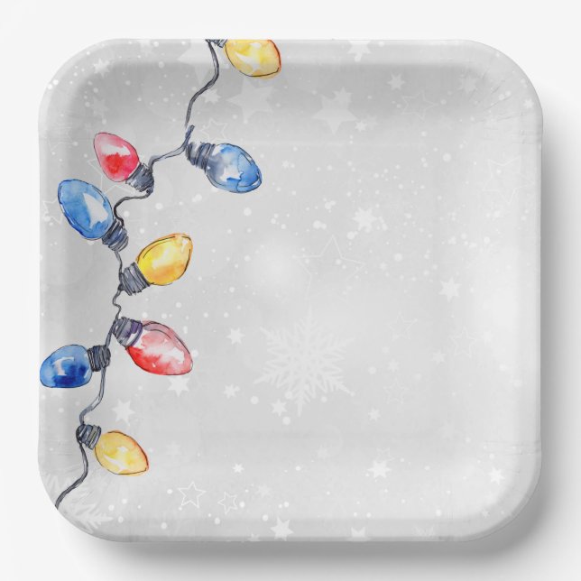Christmas Bulbs, String Lights, Holiday  Paper Plate (Front)