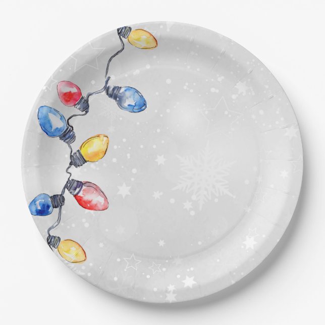 Christmas Bulbs, String Lights, Holiday  Paper Plate (Front)