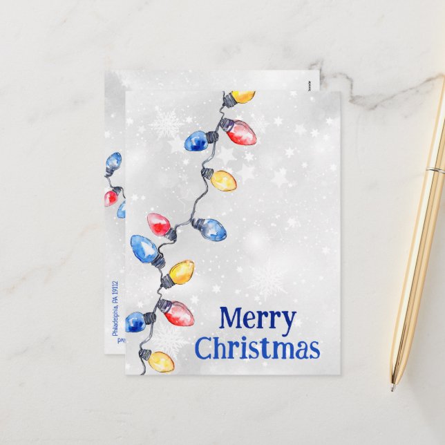 Christmas Bulbs, String Lights, Holiday Postcard (Front/Back In Situ)