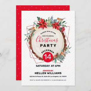 Christmas Bulfinch & Christmas Wood Floral Wreath Invitation