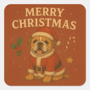 Christmas Bulldog Cute Xmas Bulldog With Santa Hat Square Sticker