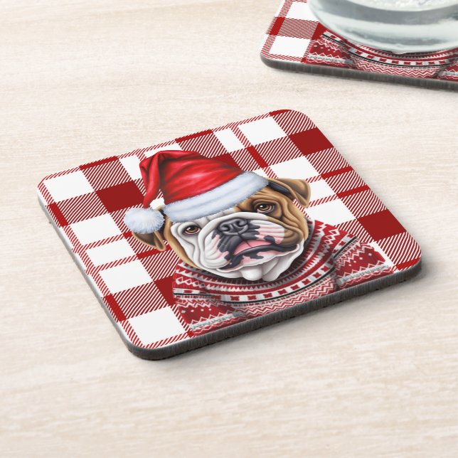 Christmas Bulldog Red Plaid Holiday Coaster (Left Side)