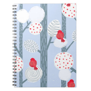 Christmas bullfinches, trees, vintage forest. notebook
