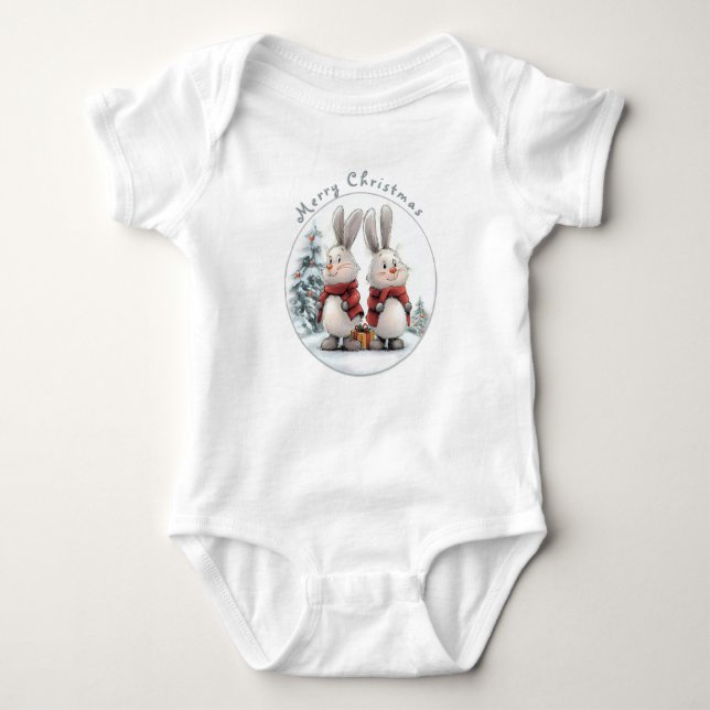 Christmas Bunny and gift, personalized Baby Bodysuit (Front)