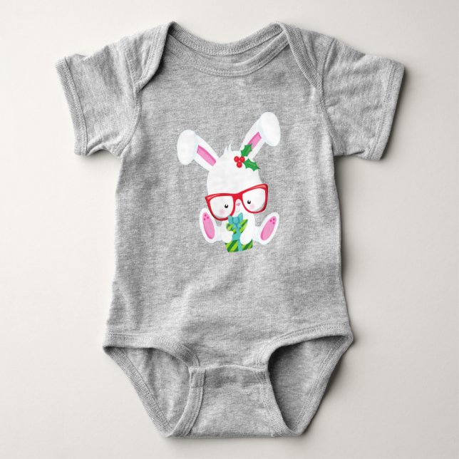 Christmas Bunny, Hipster Bunny, Bunny With Glasses Baby Bodysuit (Front)
