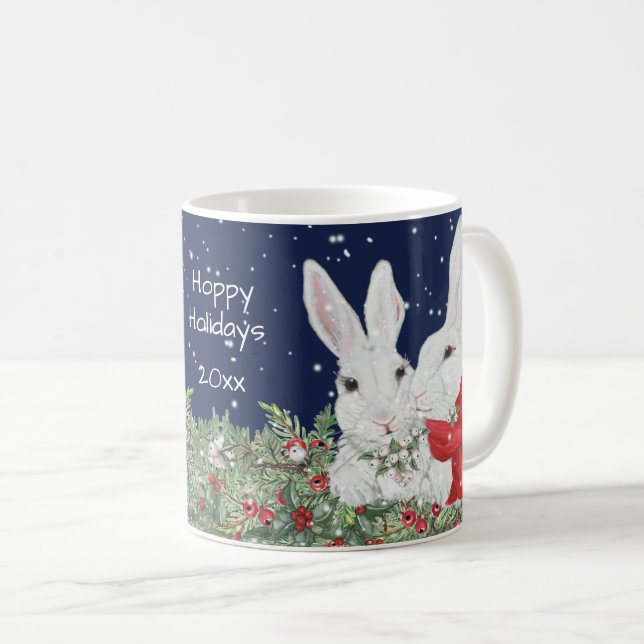 Christmas Bunny Rabbit Festive Winter Custom Date Coffee Mug (Front Right)