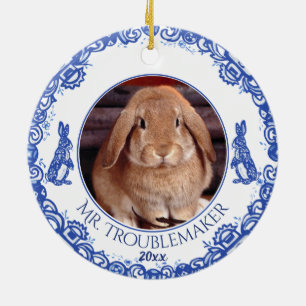 Christmas Bunny Rabbit Pet Photo Date Blue Willow Ceramic Tree Decoration