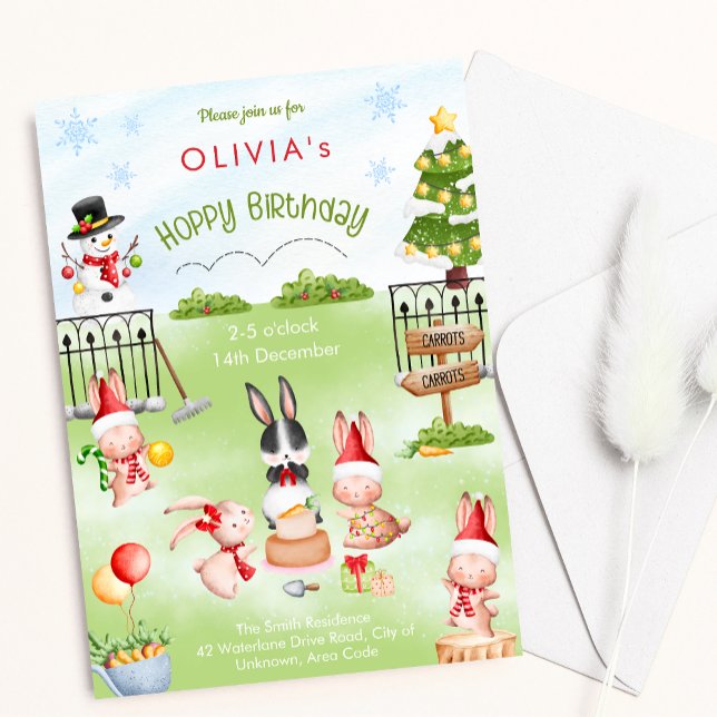 Christmas Bunny Rabbit Winter Kid Birthday Party Invitation (Creator Uploaded)