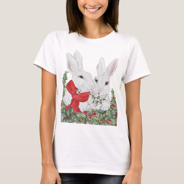 Christmas Bunny Rabbits Cute Holiday Festive Art T-Shirt (Front)