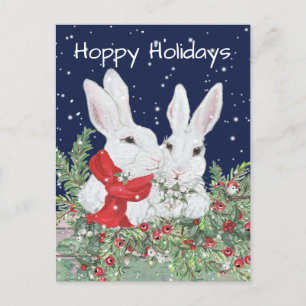 Christmas Bunny Rabbits Snowy Holly Berry Holiday Postcard