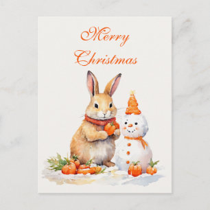 Christmas bunny snowman carrots watercolor postcard