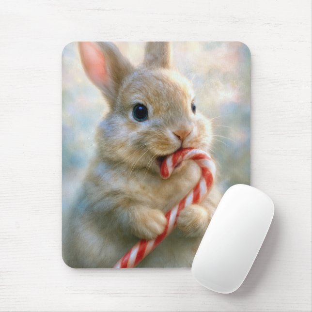 Christmas Bunny With Candy Cane Mouse Pad (With Mouse)