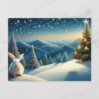 Christmas Bunny with Decorated Christmas Tree Holiday Postcard
