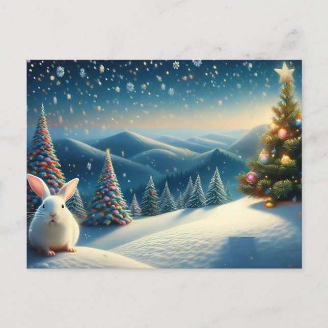 Christmas Bunny with Decorated Christmas Tree Holiday Postcard (Front)