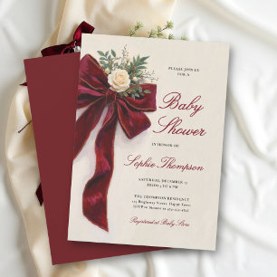 Christmas Burgundy Bow Rose Holiday Baby Shower Invitation