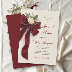 Christmas Burgundy Bow Rose Holiday Bridal Shower Invitation