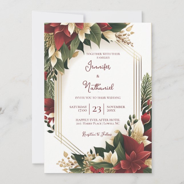 Christmas Burgundy Gold Floral Poinsettia Wedding Invitation (Front)