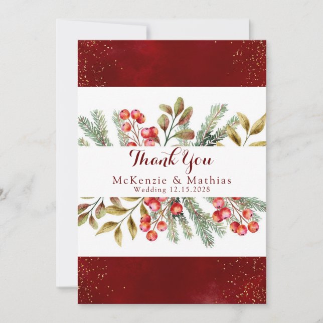 Christmas Burgundy Gold Wedding Thank You Cards (Front)
