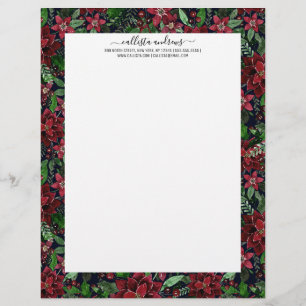 Christmas Burgundy Poinsettia Flowers Watercolor Custom Letterhead