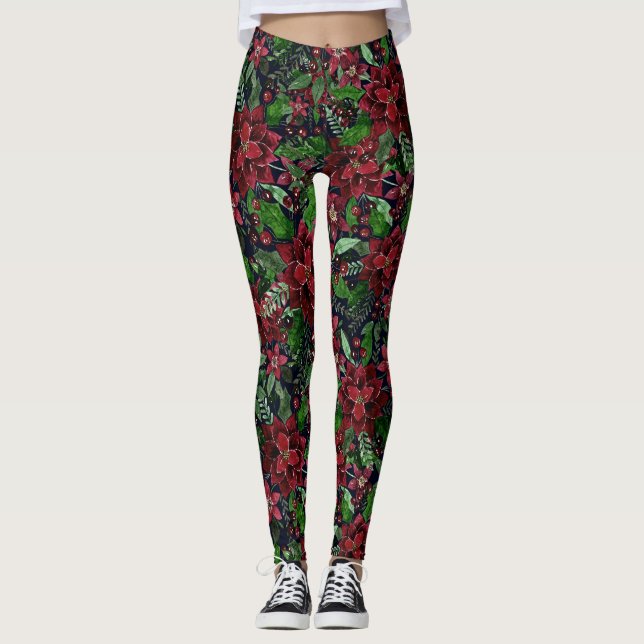 Christmas Burgundy Poinsettia Flowers Watercolor Leggings (Front)