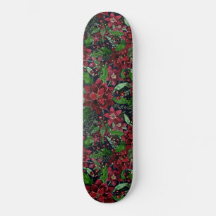 Christmas Burgundy Poinsettia Flowers Watercolor Skateboard