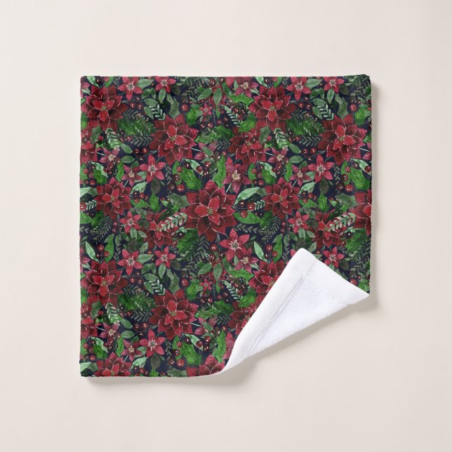 Christmas Burgundy Poinsettia Flowers Watercolor Wash Cloth (Wash Cloth)