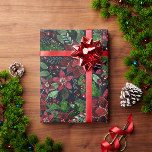 Christmas Burgundy Poinsettia Flowers Watercolor Wrapping Paper
