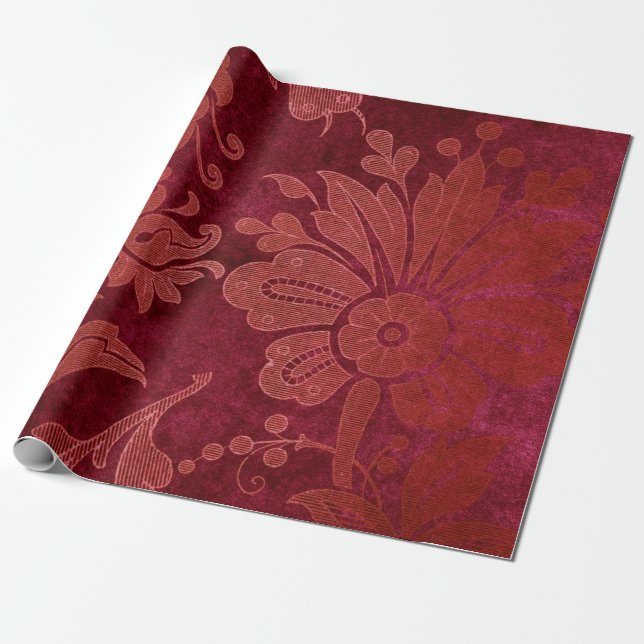 Christmas Burgundy Red Damask Wrapping Paper (Unrolled)