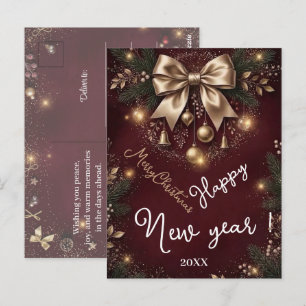Christmas Burgundy Red Gold Bow Vintage Greeting Postcard