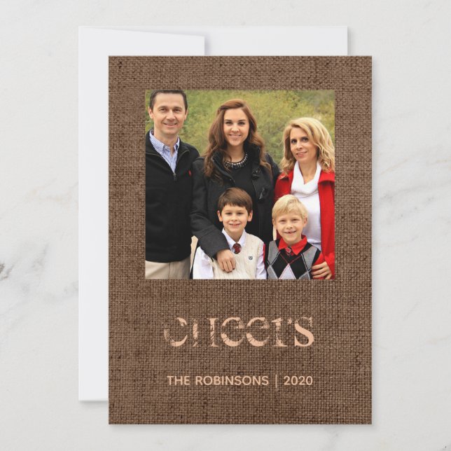 Christmas Burlap Antler Pattern Family Photo Holiday Card (Front)