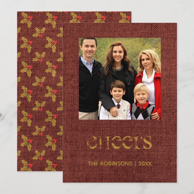 Christmas Burlap Holly and Ivy Family Photo Invitation (Front/Back)