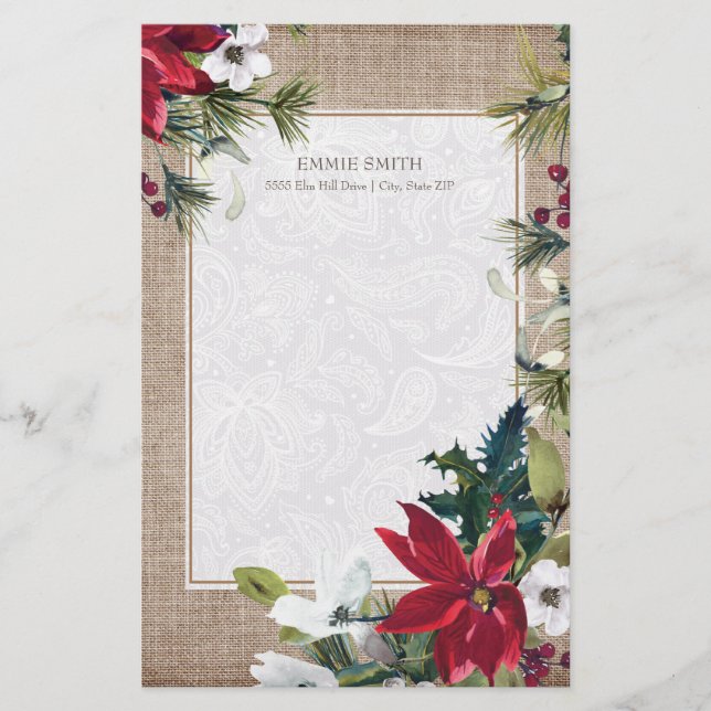 Christmas Burlap Lace Poinsettias Green Leaves Stationery (Front)