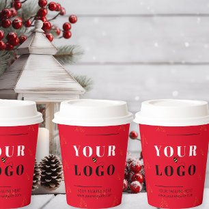 Christmas Business Logo Red Holly Patterned Paper Cups
