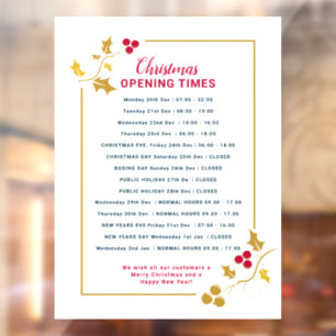 Christmas business opening times, gold red holly