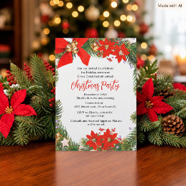Christmas Business Party Greenery and Poinsettia Invitation
