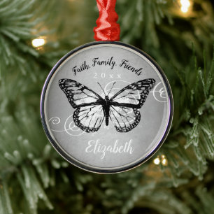 Christmas Butterfly Black Faux Silver Monogram Metal Tree Decoration