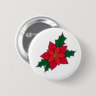 Christmas Button Pin With A Red Orange Poinsettia