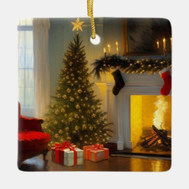 Christmas By The Fire Ceramic Ornament (Front)