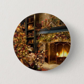 Christmas by the fireplace 6 cm round badge