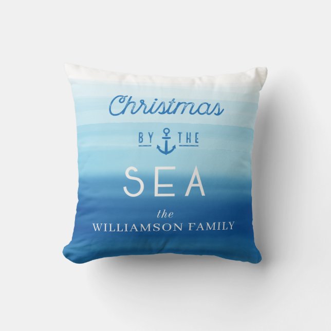 Christmas By The Sea Coast Blue Ombre Typographic Cushion (Front)