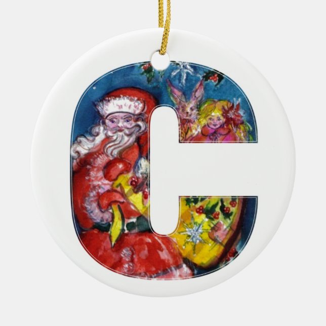CHRISTMAS C LETTER  / SANTA  WITH GIFTS MONOGRAM CERAMIC TREE DECORATION (Front)
