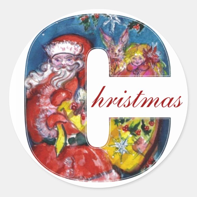CHRISTMAS C LETTER  / SANTA  WITH GIFTS MONOGRAM CLASSIC ROUND STICKER (Front)