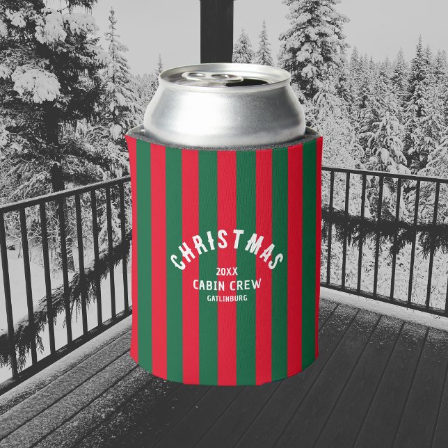 Christmas Cabin Crew Custom Red Green Stripe Can Cooler (Creator Uploaded)
