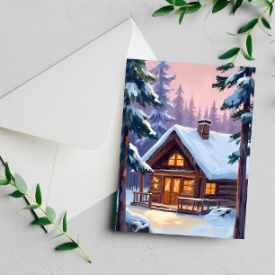 Christmas Cabin Forest Winter Snow Holiday Postcard