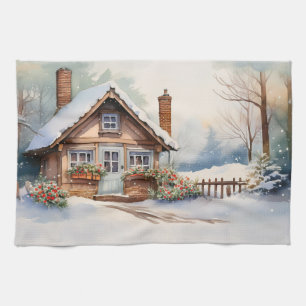 Christmas Cabin in snowy landscape Tea Towel