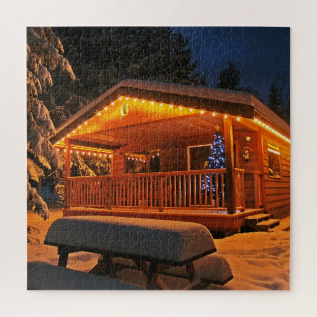 Christmas cabin snow night jigsaw puzzle (Vertical)