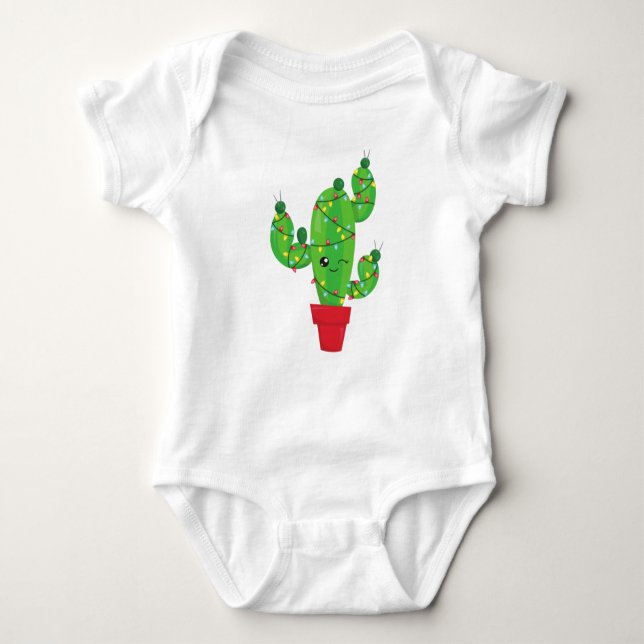 Christmas Cactus, Christmas Lights, Cute Cactus Baby Bodysuit (Front)