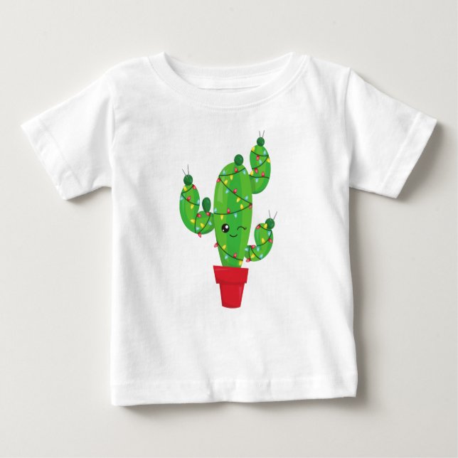 Christmas Cactus, Christmas Lights, Cute Cactus Baby T-Shirt (Front)