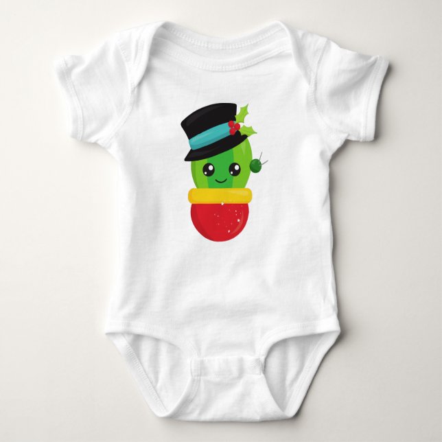 Christmas Cactus, Cute Cactus, Hat, Mistletoe Baby Bodysuit (Front)